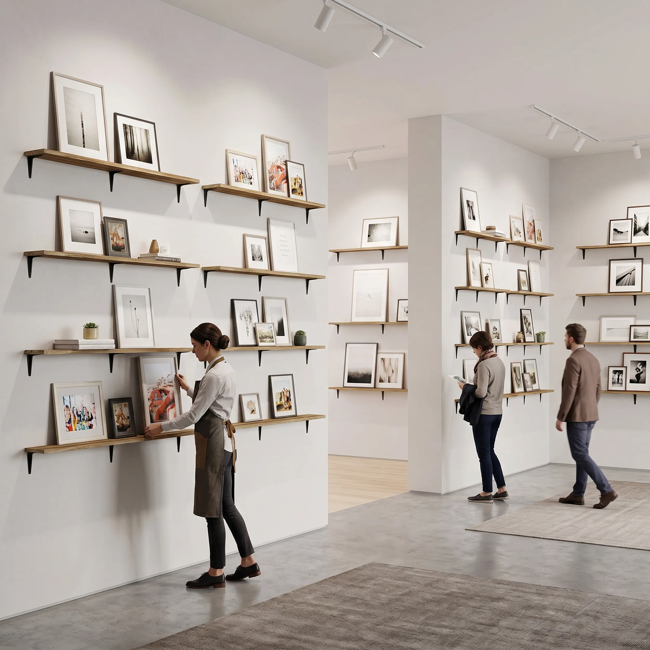 Floating shelves styled as a gallery wall of framed prints