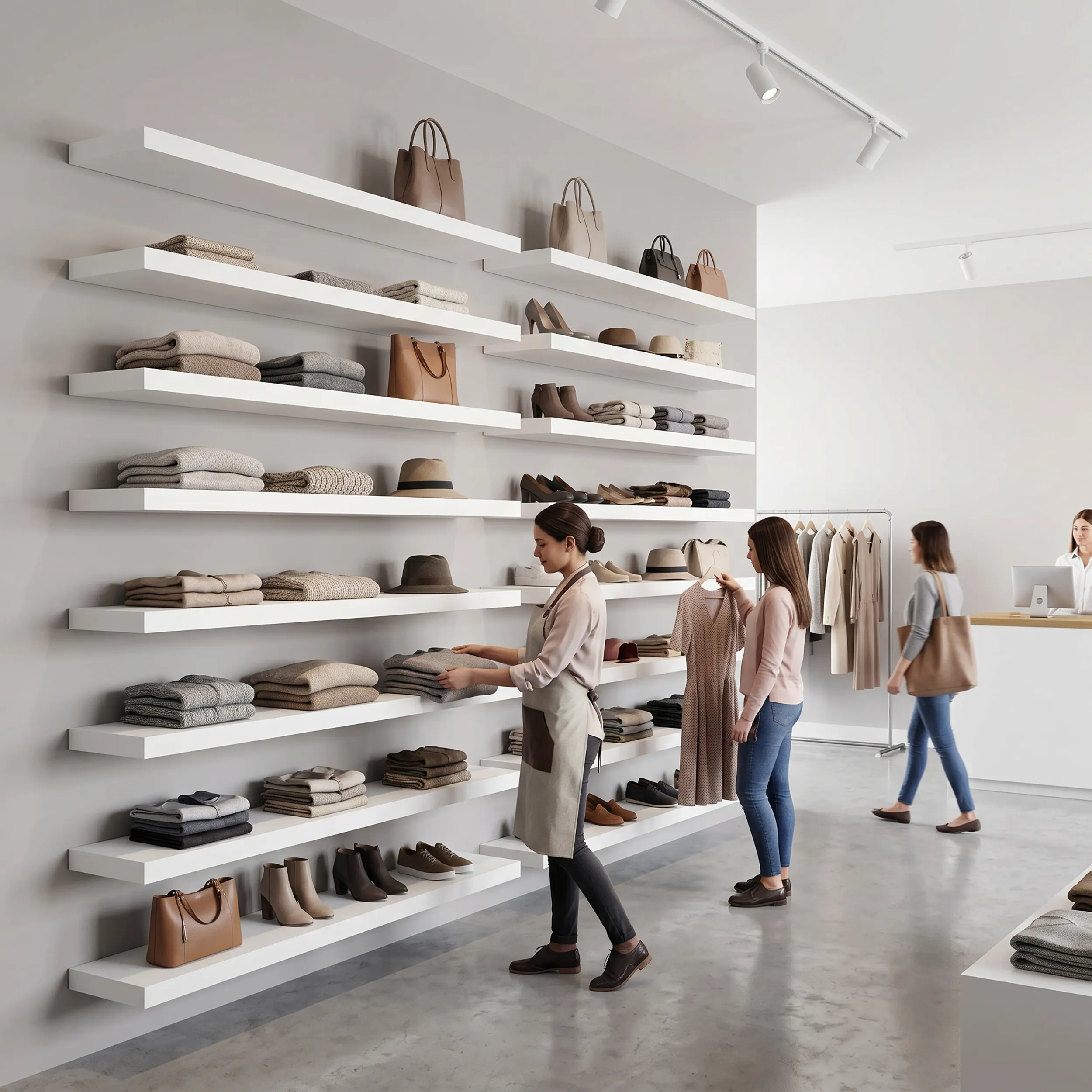 Slim floating shelves in a bright retail boutique