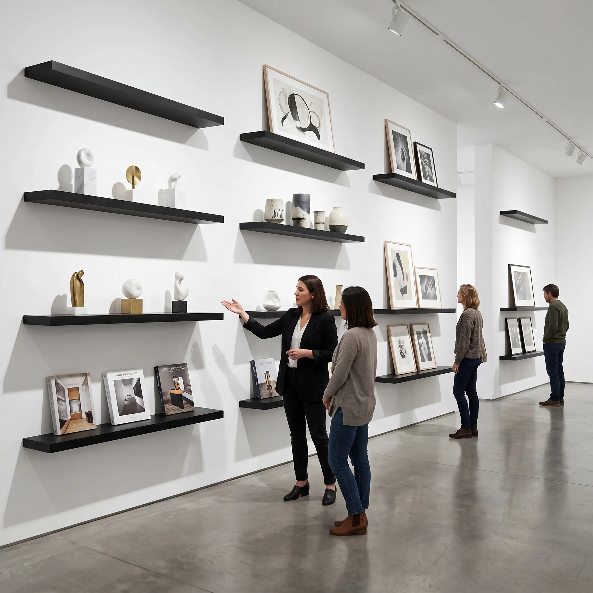 Black floating shelves styling a gallery display