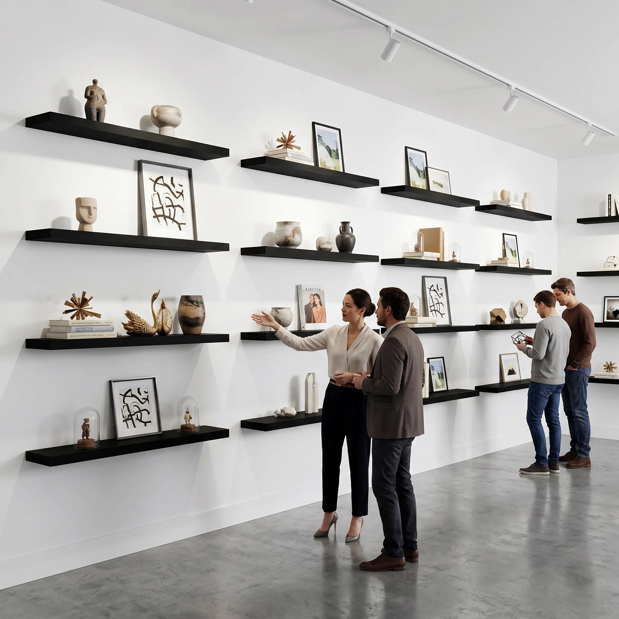 Black floating shelves styling a gallery display