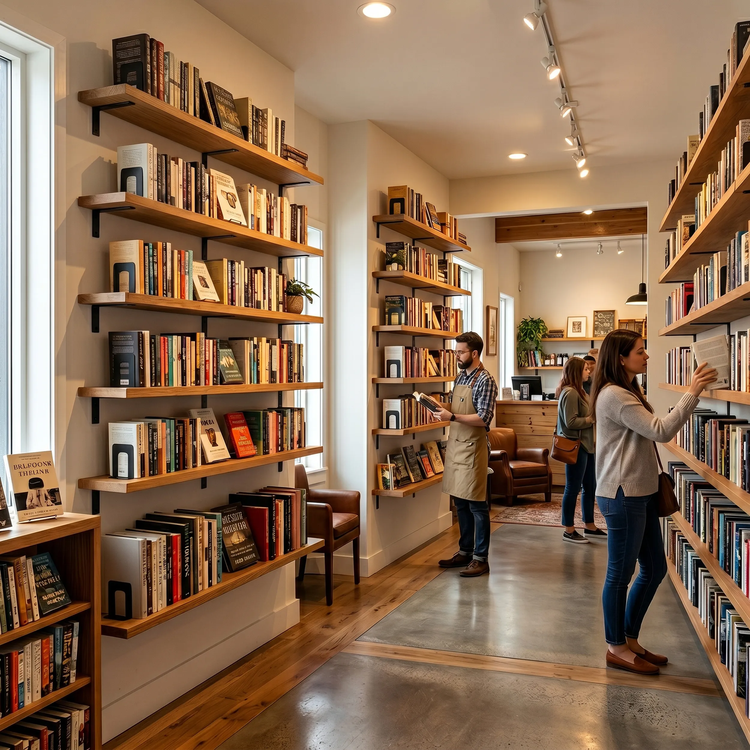 Warm-wood floating shelves in a cozy bookstore