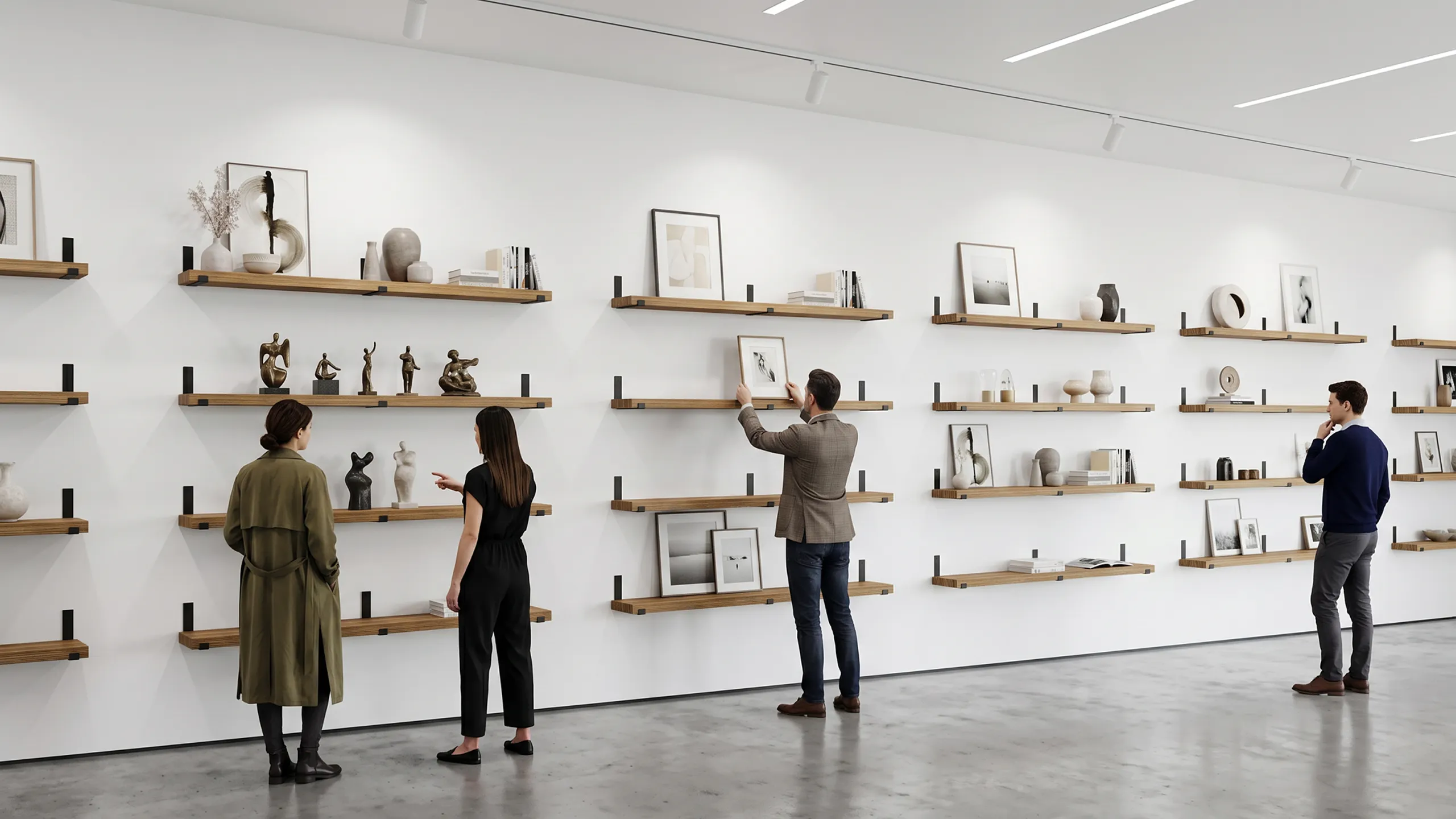 Floating shelves merchandising a specialty retail wall