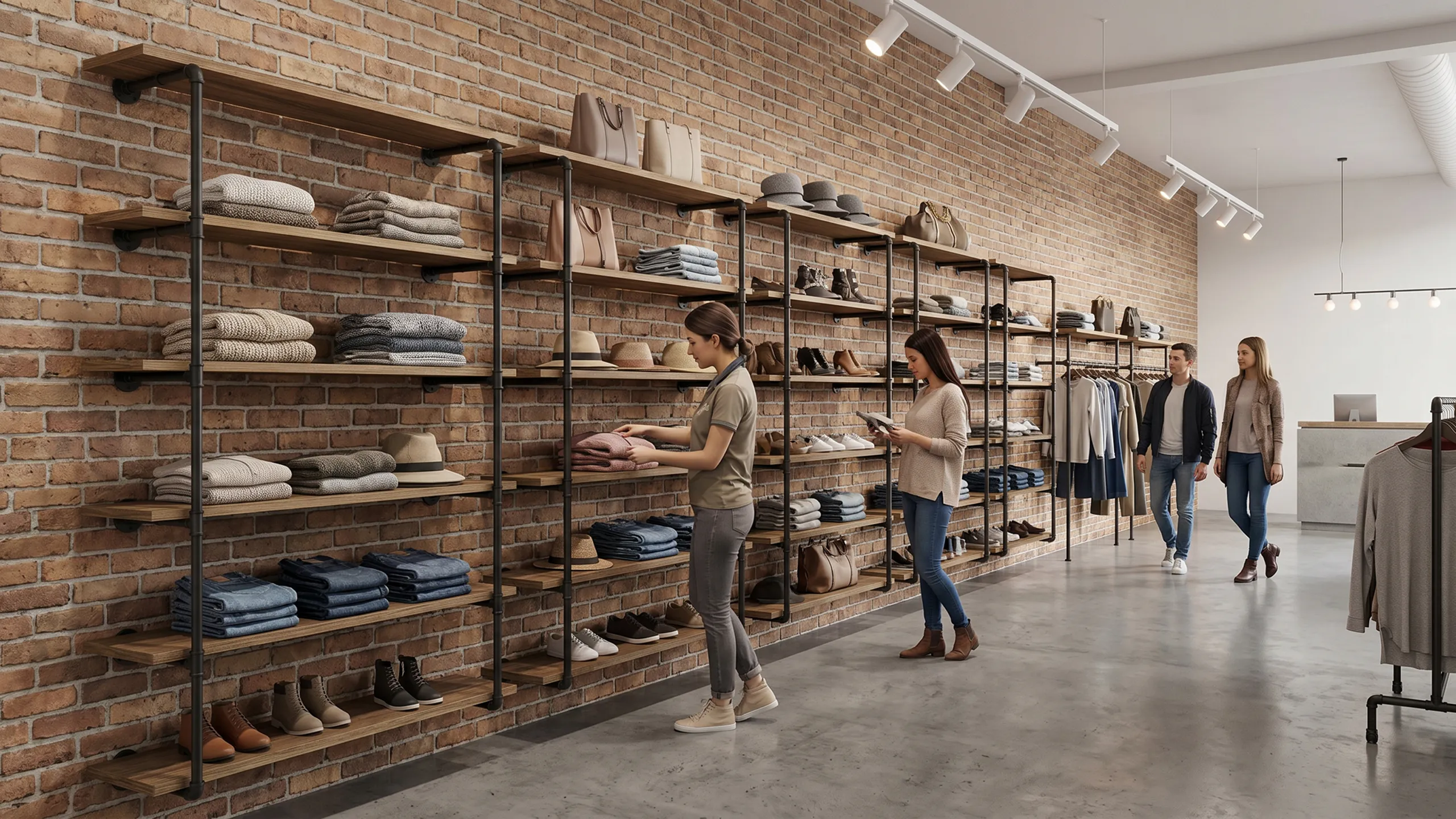 Industrial floating shelves in a modern boutique