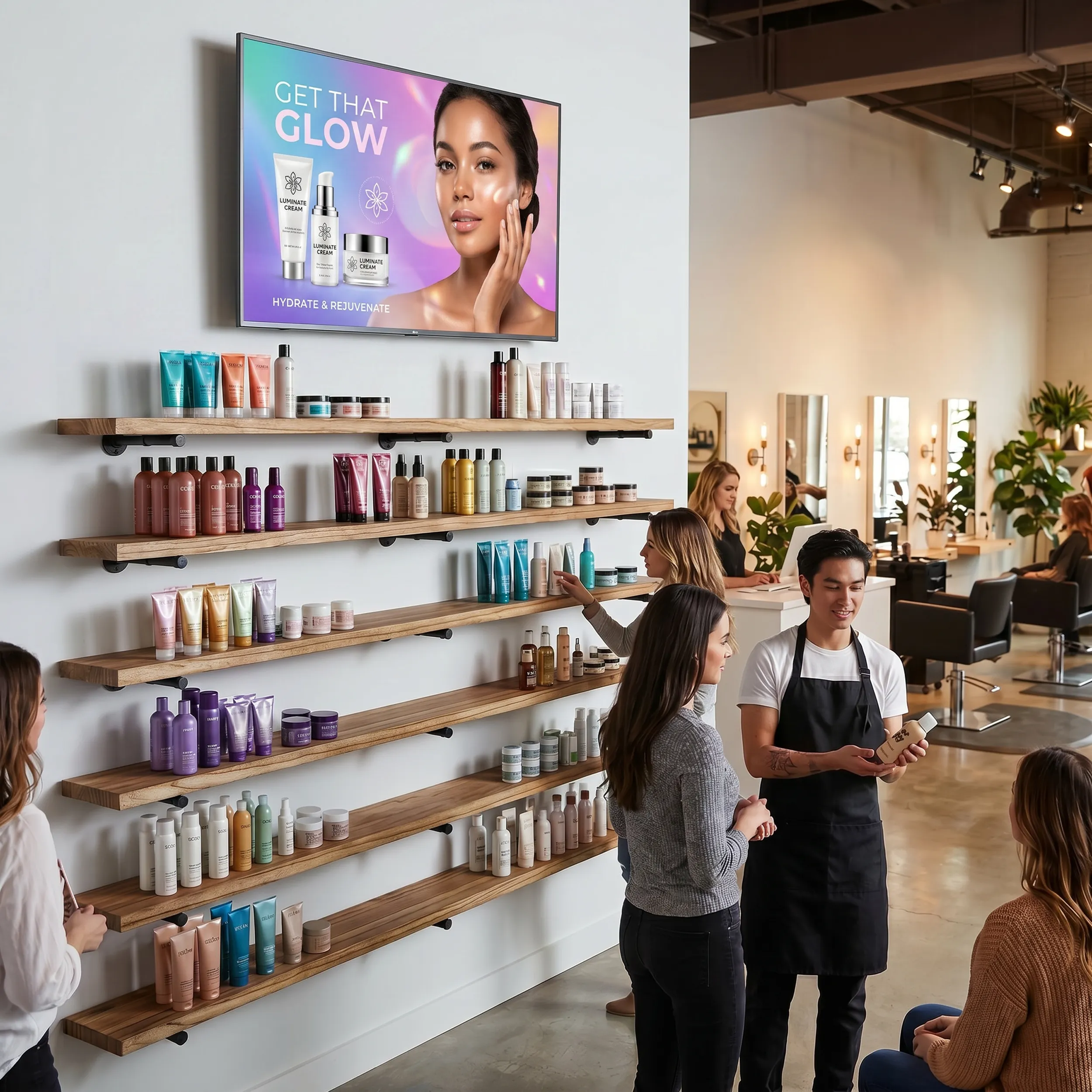 Floating shelves styling premium haircare on a salon retail wall