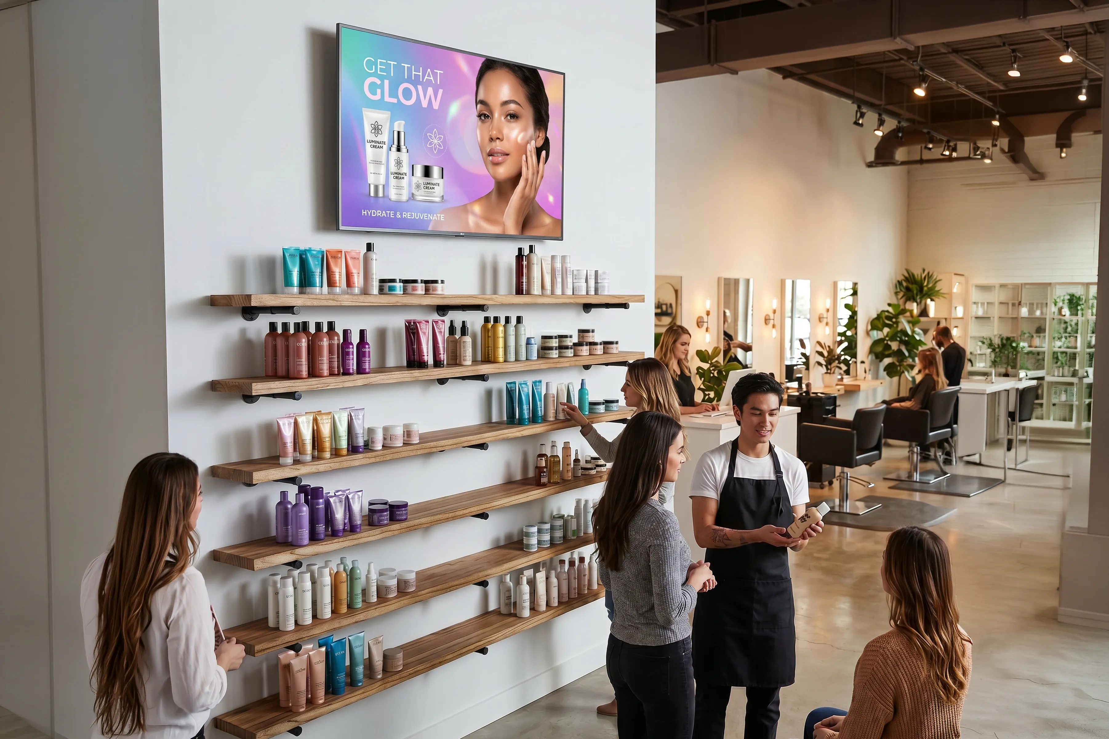 Floating shelves styling premium haircare on a salon retail wall