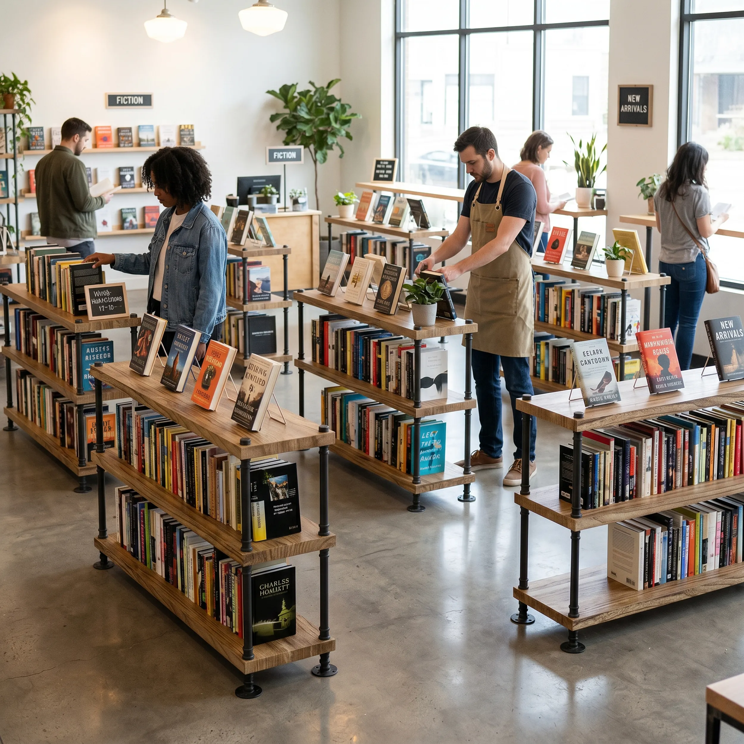 Solid-wood floating shelves on a merchandising wall