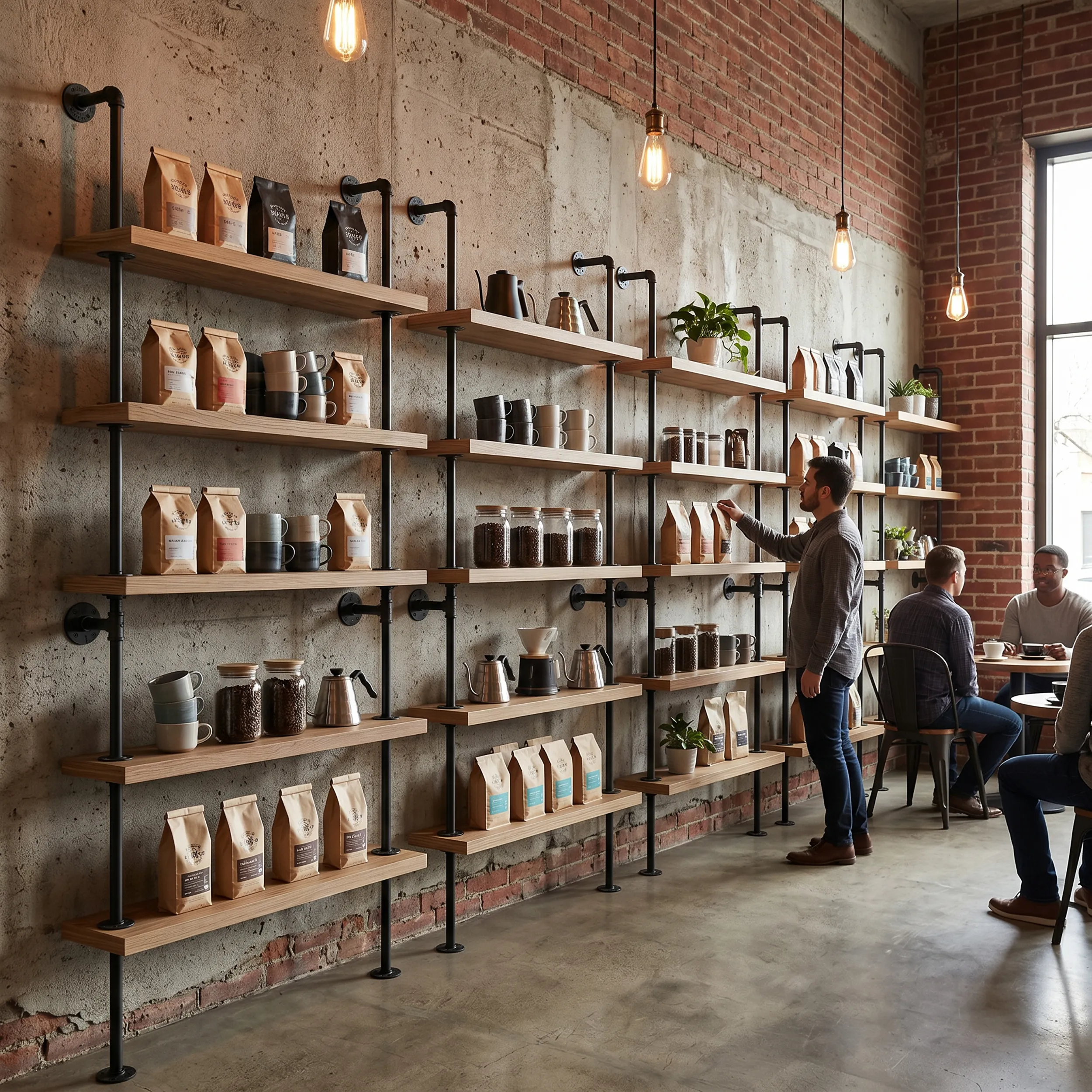 Bulk-installed floating shelves in a product showcase
