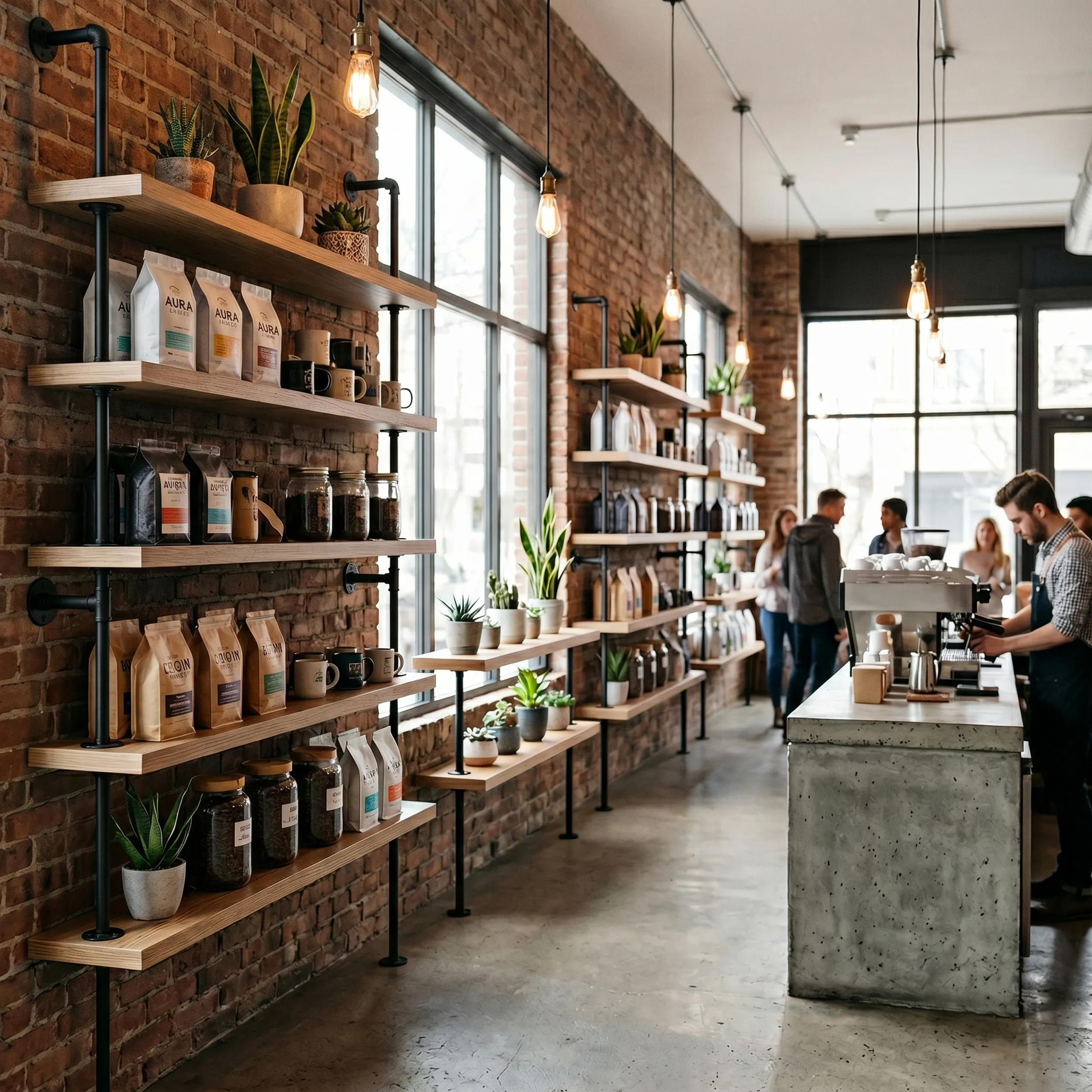 Bulk-installed floating shelves in a product showcase
