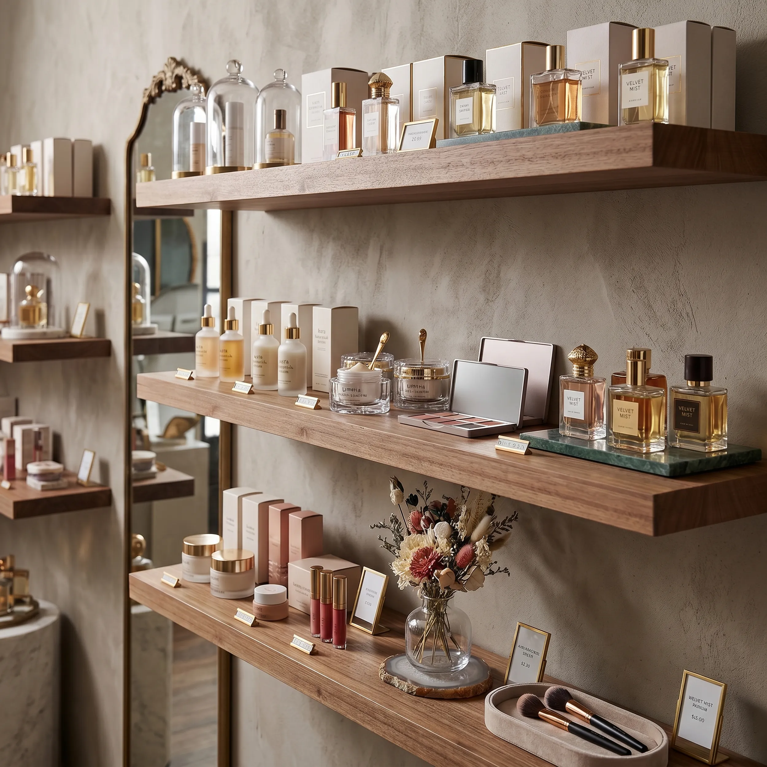 Curated retail display on real-wood shelves