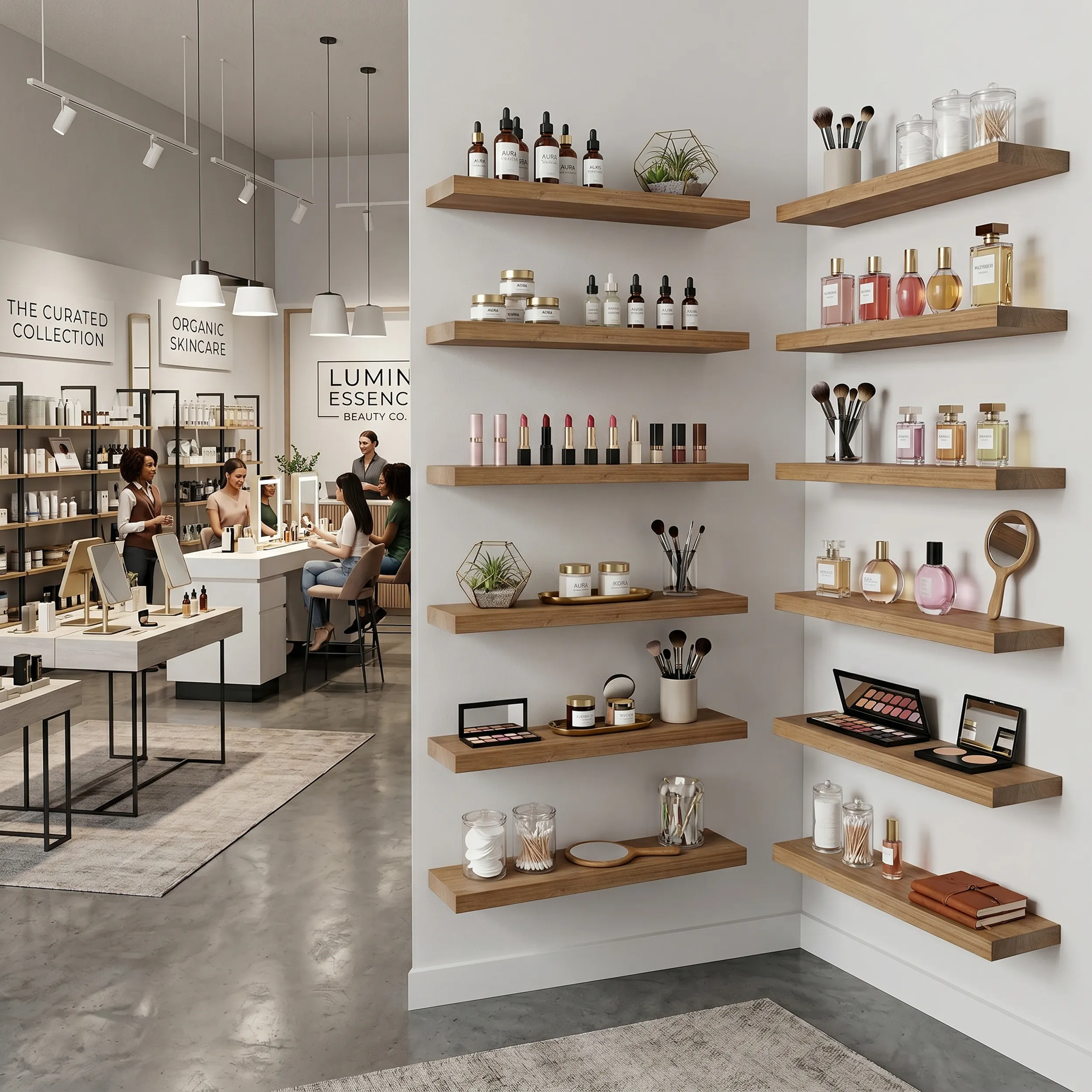 Curated retail display on real-wood shelves