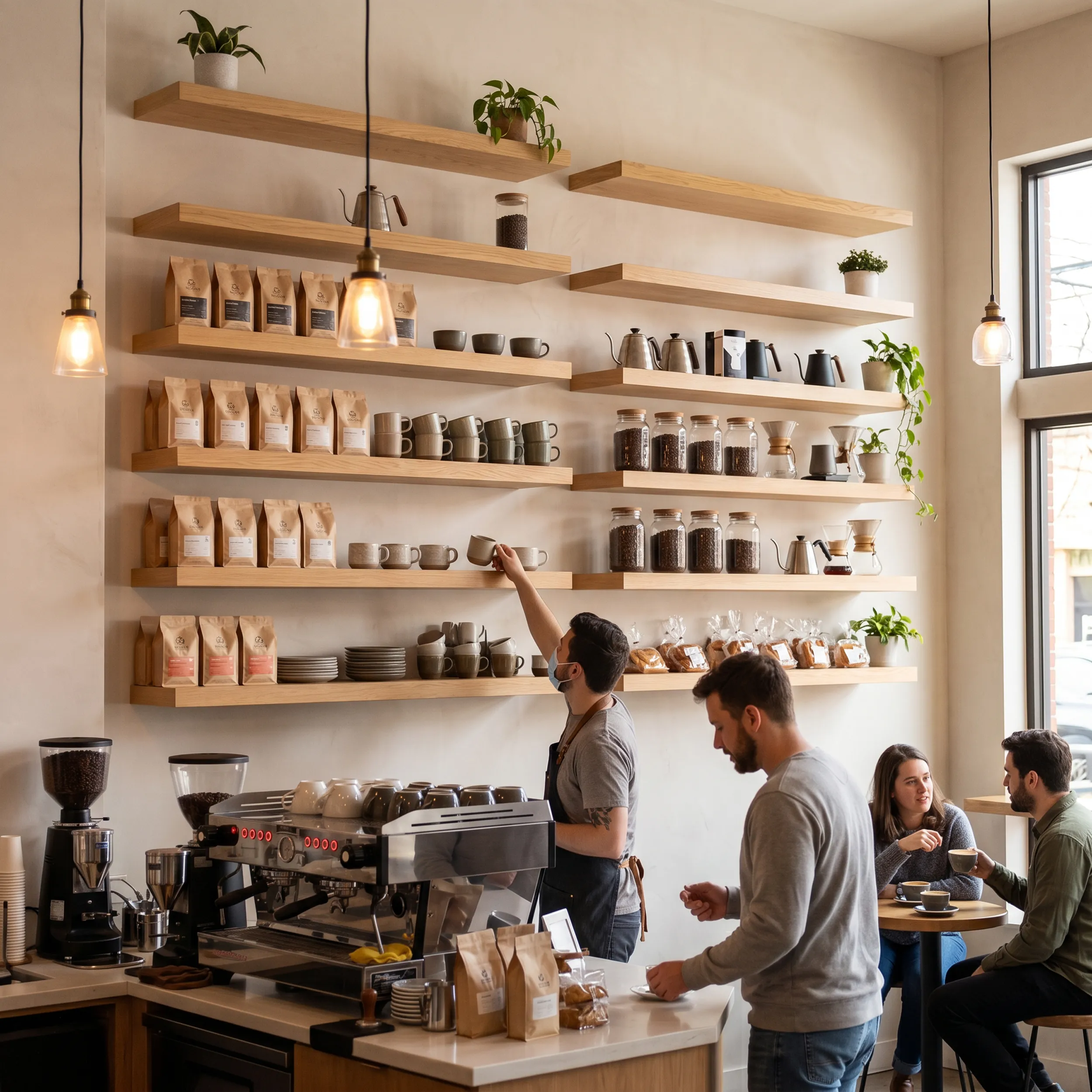 Warm-wood floating shelves styled in a coffee shop
