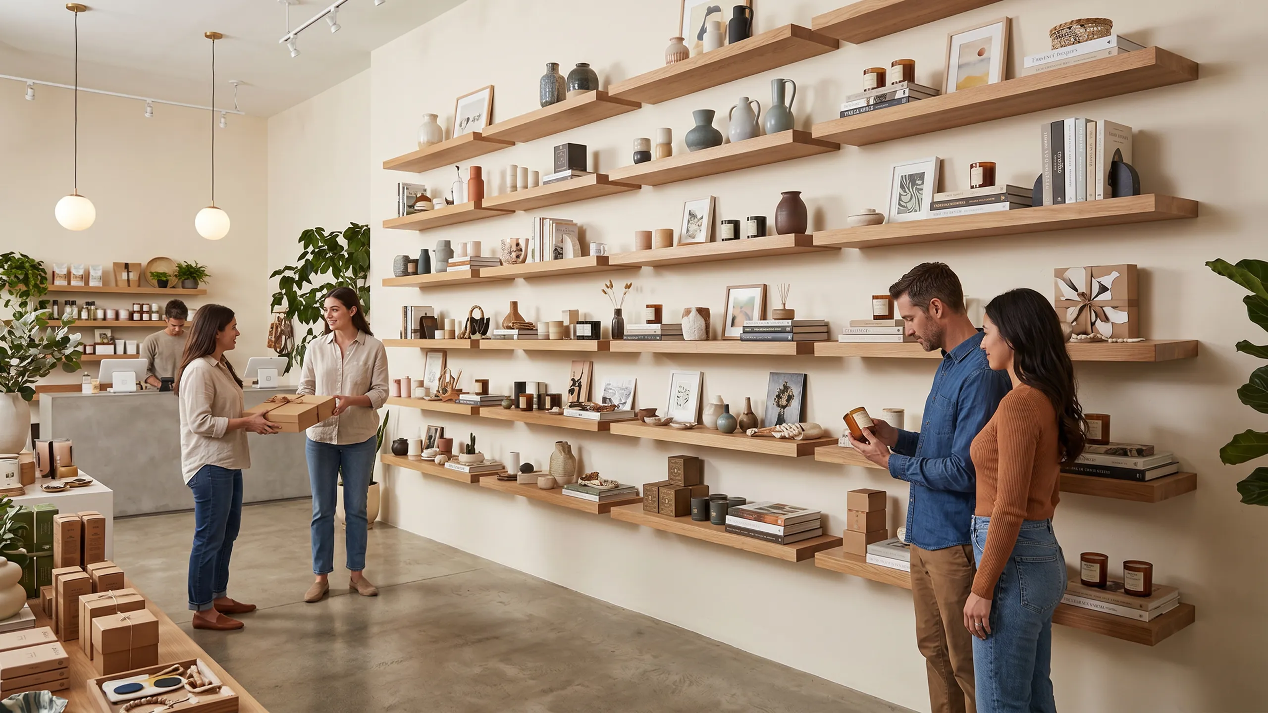Oaken-finish floating shelves styled for retail