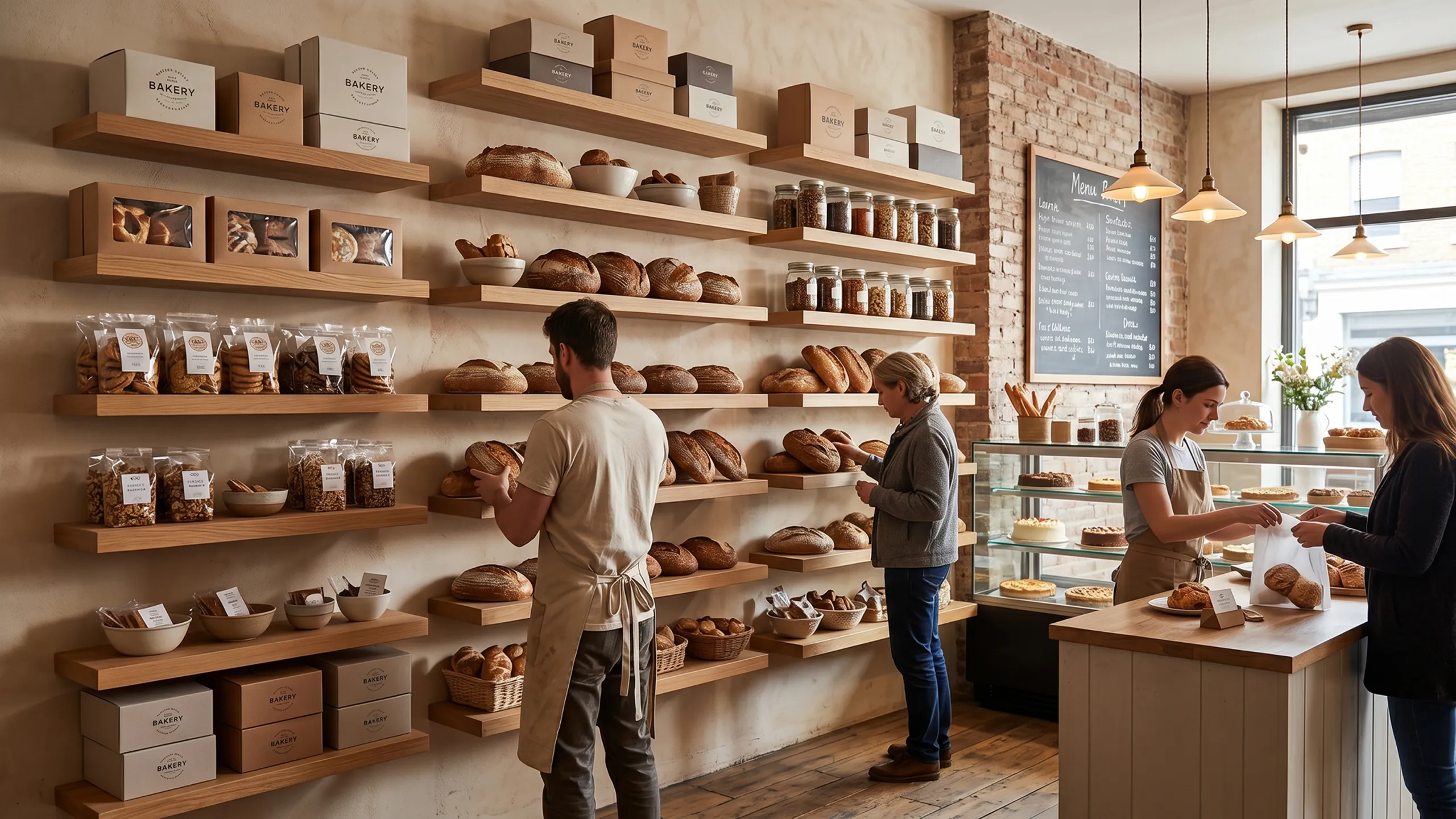 Oaken-finish floating shelves styled for retail