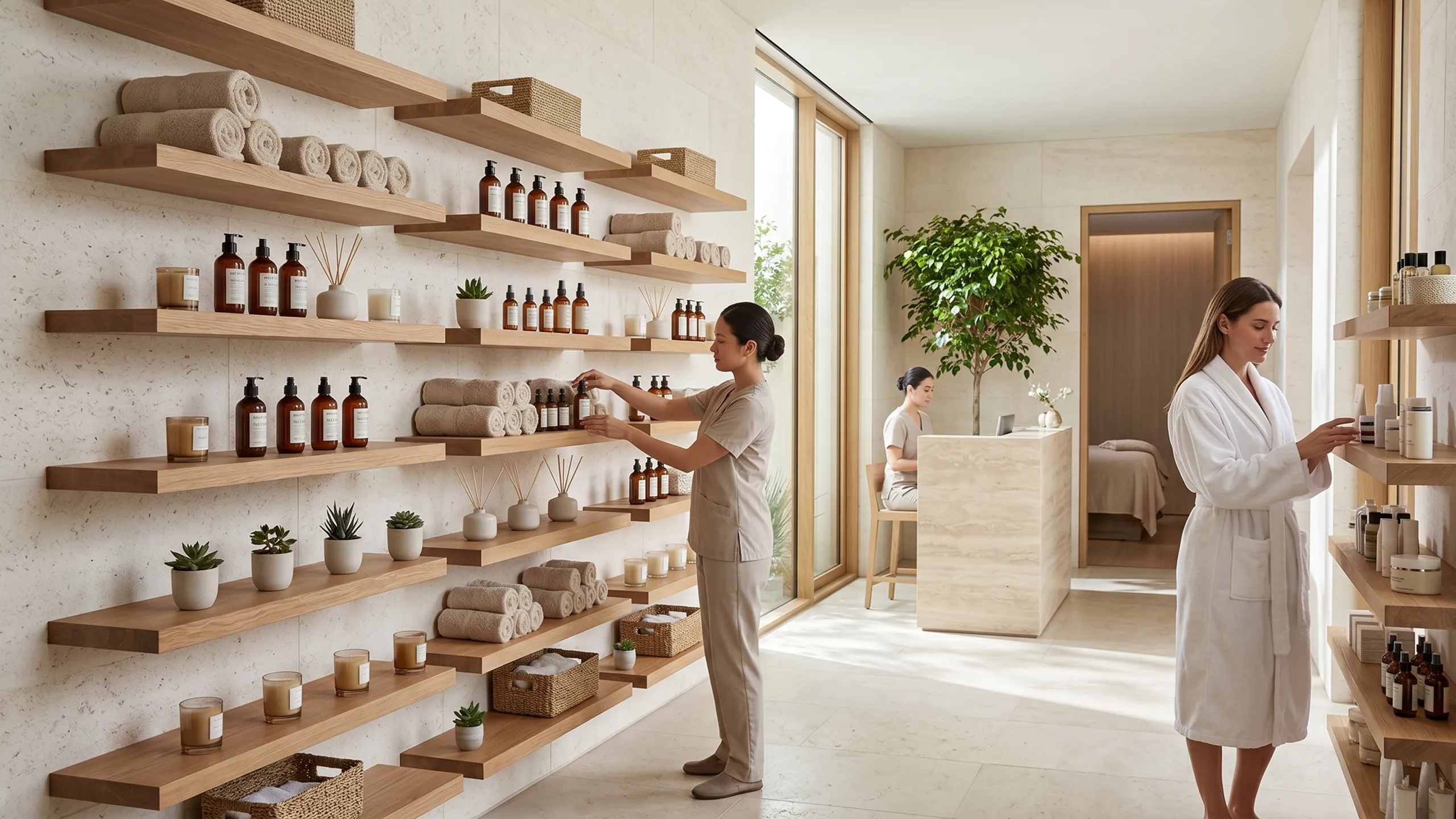 Oaken-finish floating shelves styled for retail