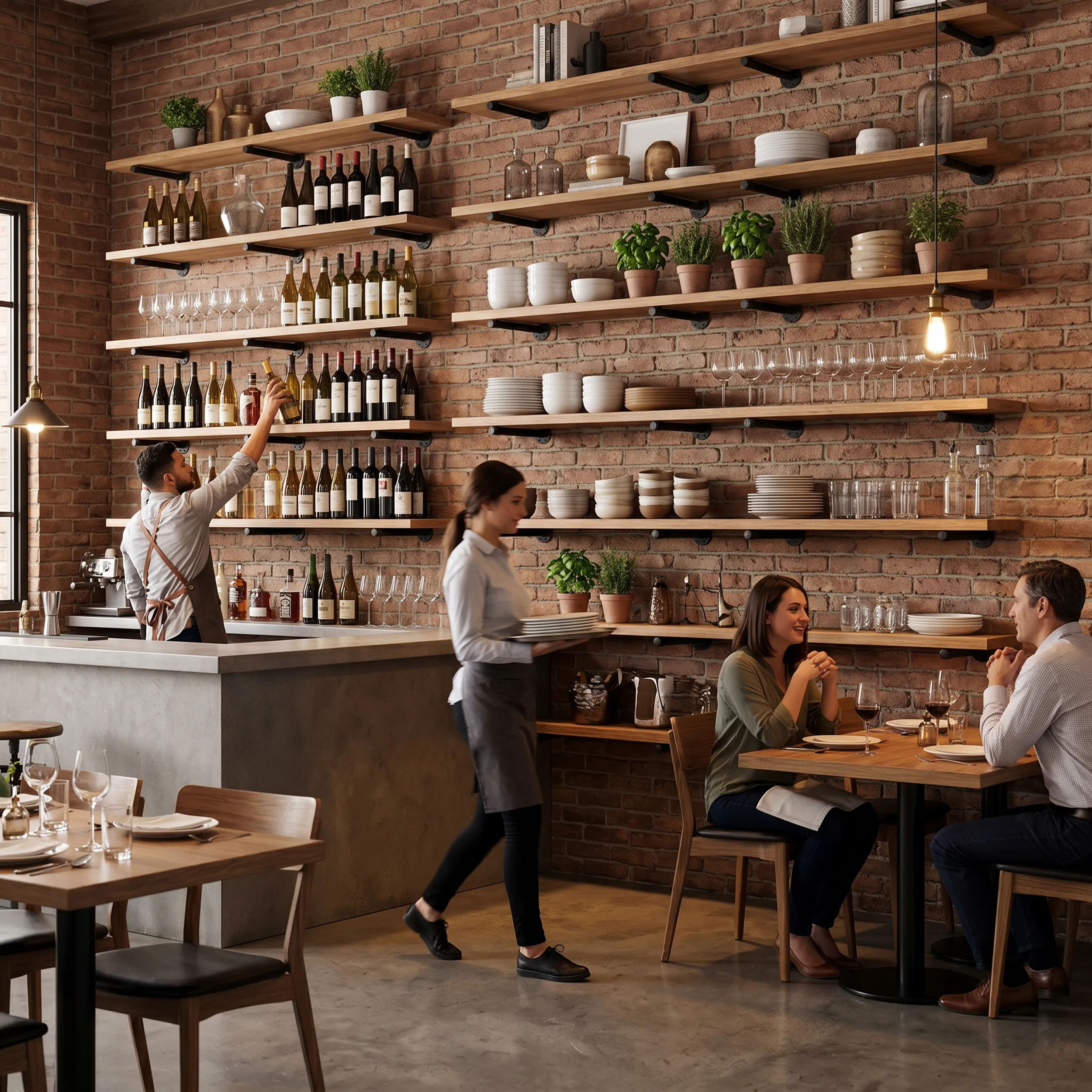 Pipe-bracket shelving styled in a cafe setting