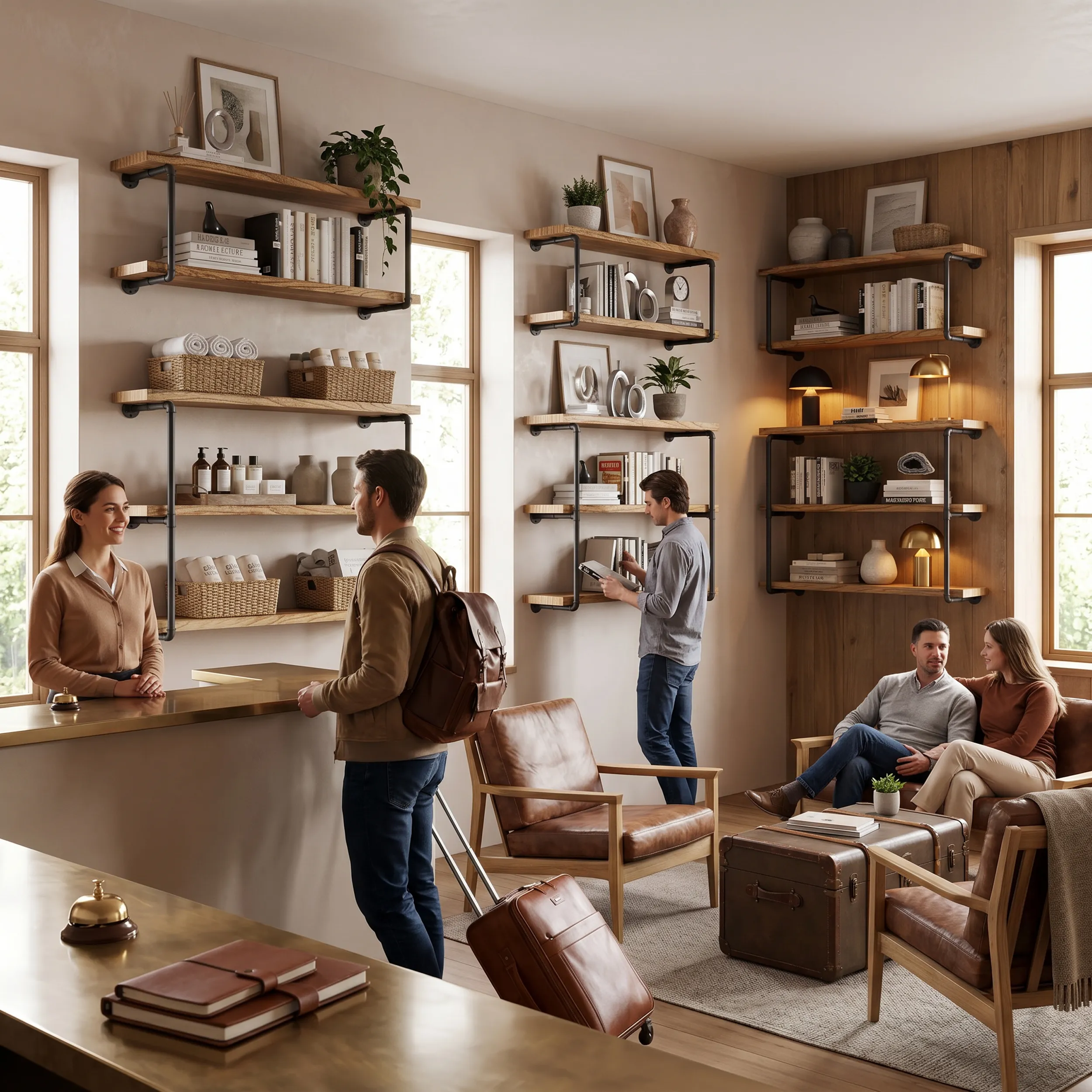 Pipe-bracket shelving styled in a cafe setting