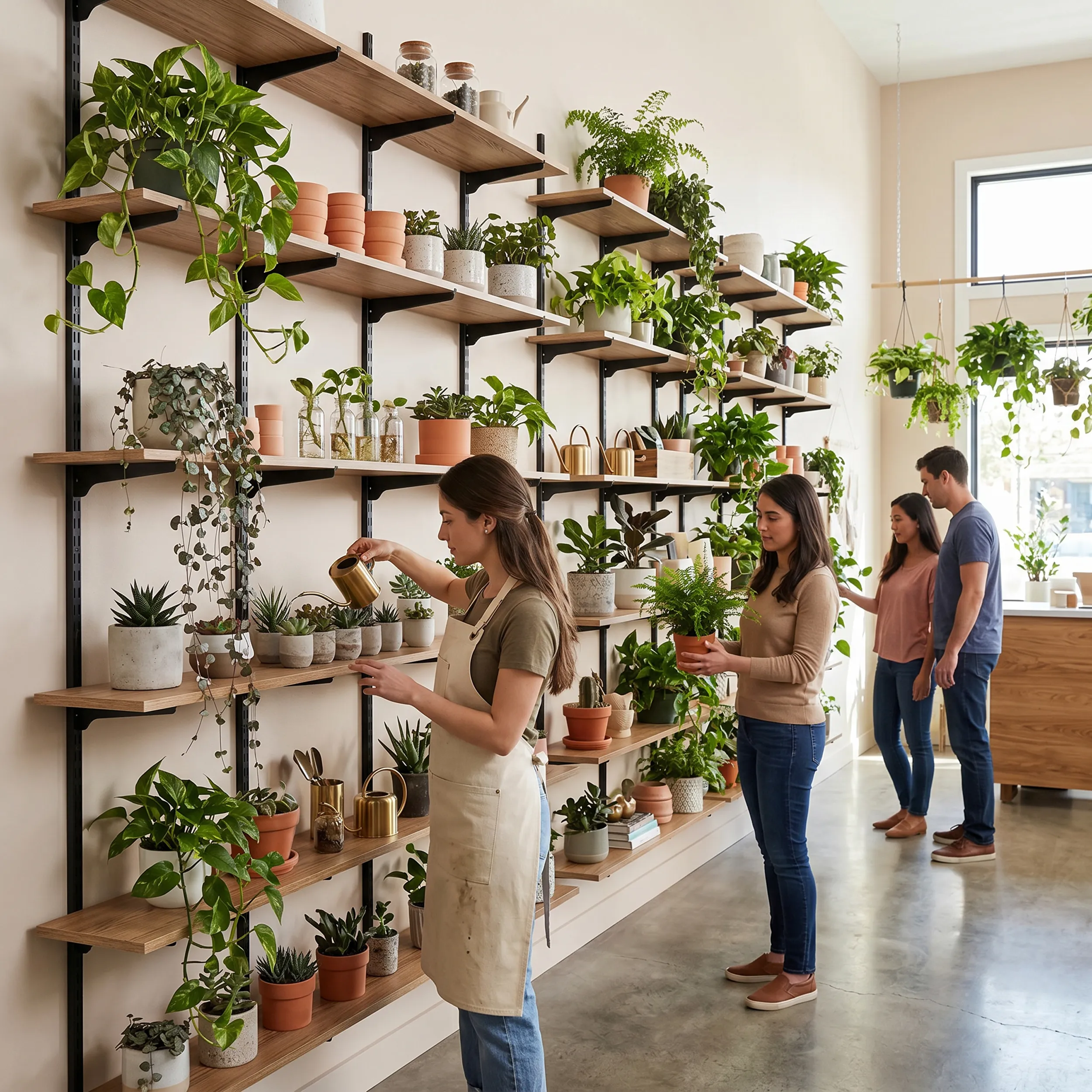 Floating shelves styled for a plant and lifestyle shop