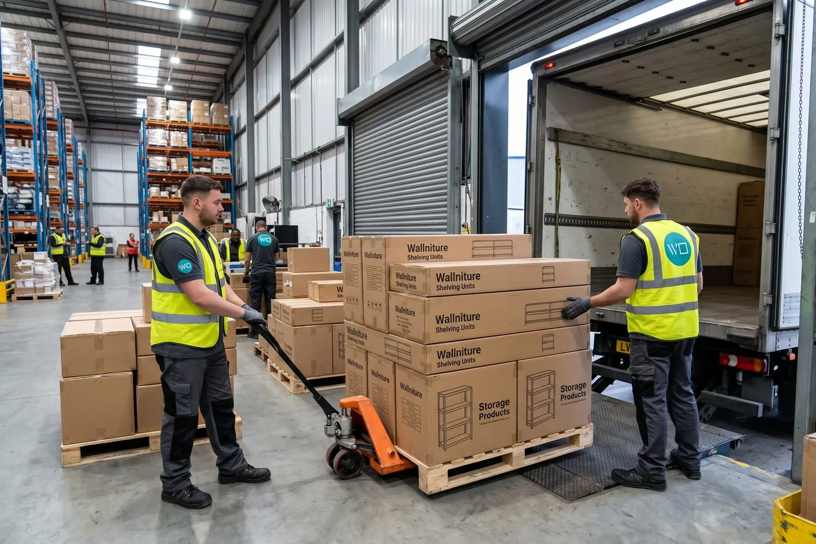 Wallniture warehouse team loading pallets of branded shelving units onto a truck